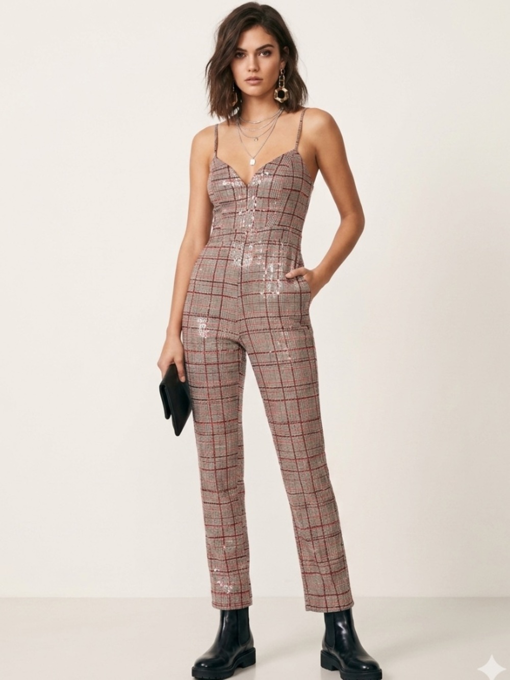 NBD(Revolve) Davida Sleeveless Plaid Jumpsuit Red Sequins Sz S Preppy Glam Edgy